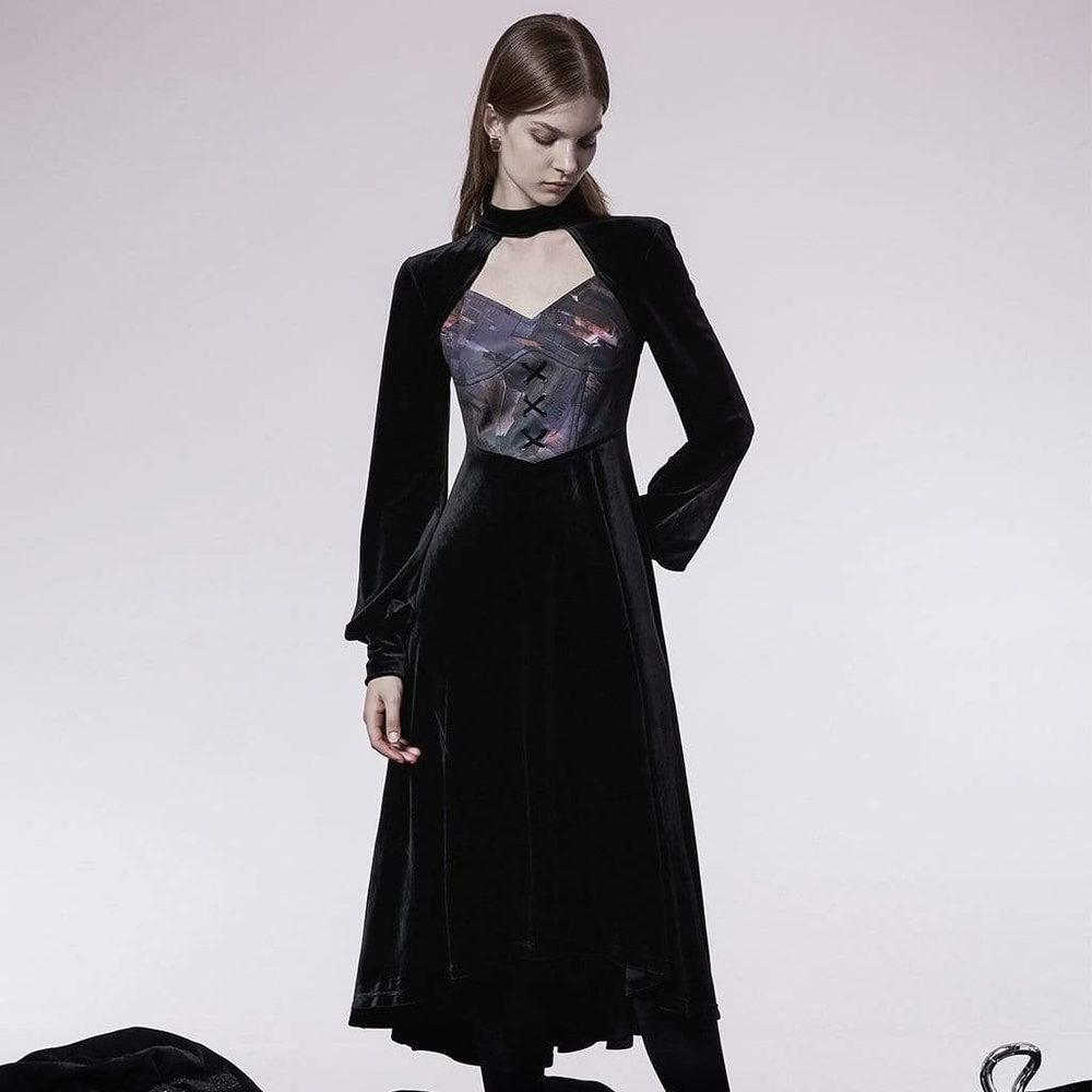 Punk Rave Gothic Cutout Splice Velvet Long Dress